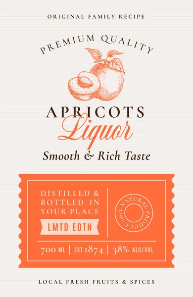Οικογενειακή συνταγή Apricot Liquor Acohol Label. Αφηρημένη διάταξη σχεδιασμού συσκευασίας διάνυσμα. Μοντέρνο Typography Banner με χειροποίητα ζωγραφισμένα φρούτα λογότυπο Silhouette και φόντο. Μεμονωμένα — Διανυσματικό Αρχείο