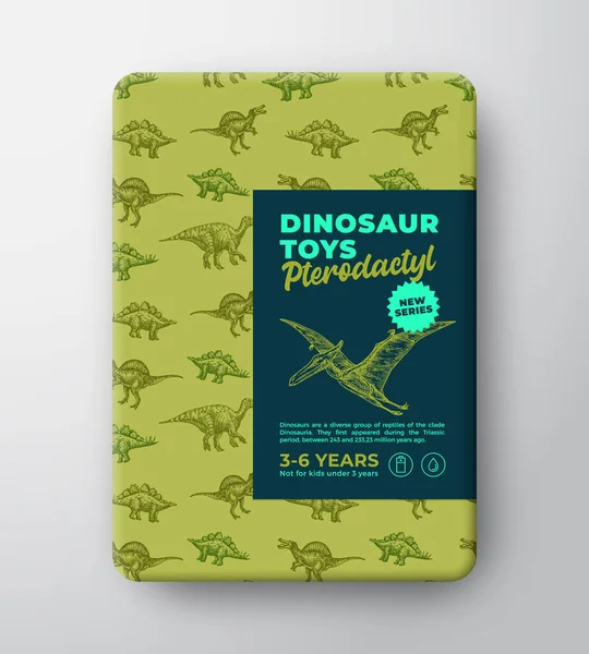 Dinosaurus Mainan Label Template. Tata Letak Desain Paket Vektor Abstrak. Hand Drawn Pterodactyl Sketch with Ancient Reptile Creatures Pattern Background and Realistic Shadows (dalam bahasa Inggris). Terisolasi - Stok Vektor