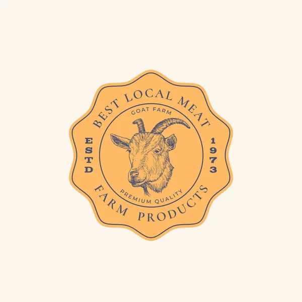 Best Local Meat Farm Retro Framed Badge or Logo Template. Hand Drawn Goat Face Sketch with Retro Typography. Vintage Steaks Sketch Emblem. Isolated — Stock Vector