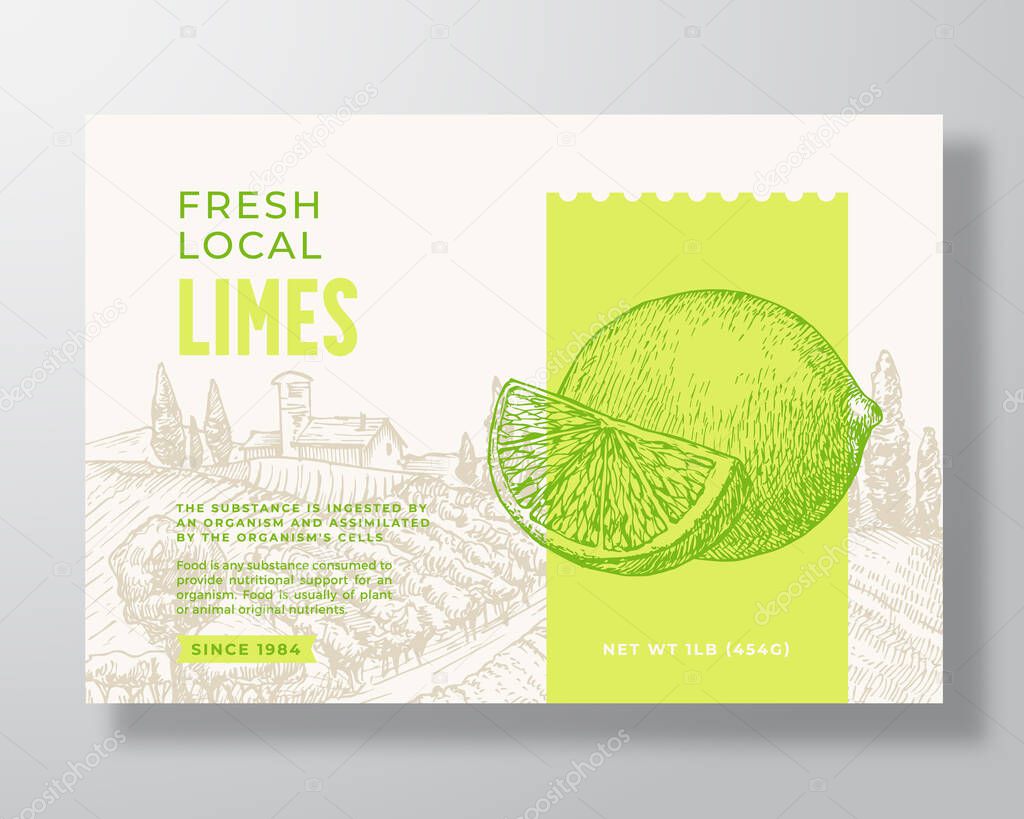 Fresh Local Lime Food Label Template. Abstract Vector Packaging Design Layout. Modern Typography Banner with Hand Drawn Citrus Fruit and Rural Landscape Background. Isolated