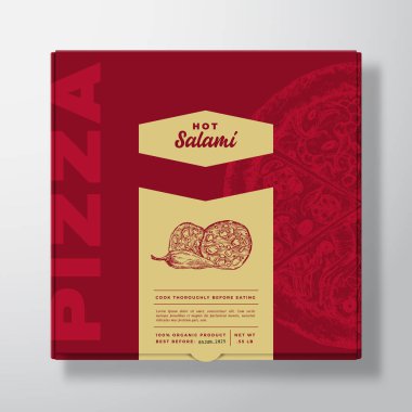 Sıcak Salamlı Sosis Gerçekçi Mukavva Kutulu Pizza. Soyut Vektör Paket Tasarımı veya Etiketi. Modern Typography, Sketch Food ve Renkli Kağıt Arkaplan Düzeni. İzole edilmiş