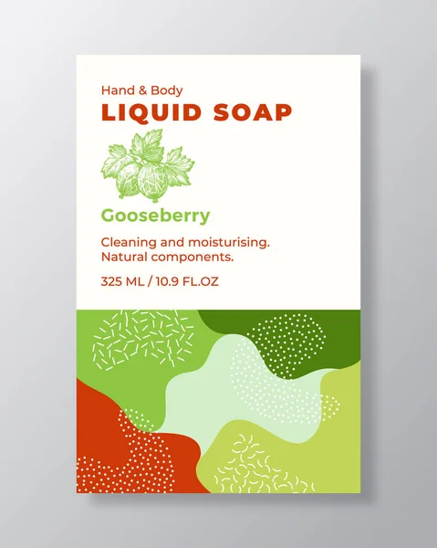 Liquid Soap Package Label Template. Abstract Shapes Camo Background Vector Cover. Cosmetics Packaging Design. Modern Typography and Hand Drawn Gooseberry Berries Sketch. Isolated — Stock Vector