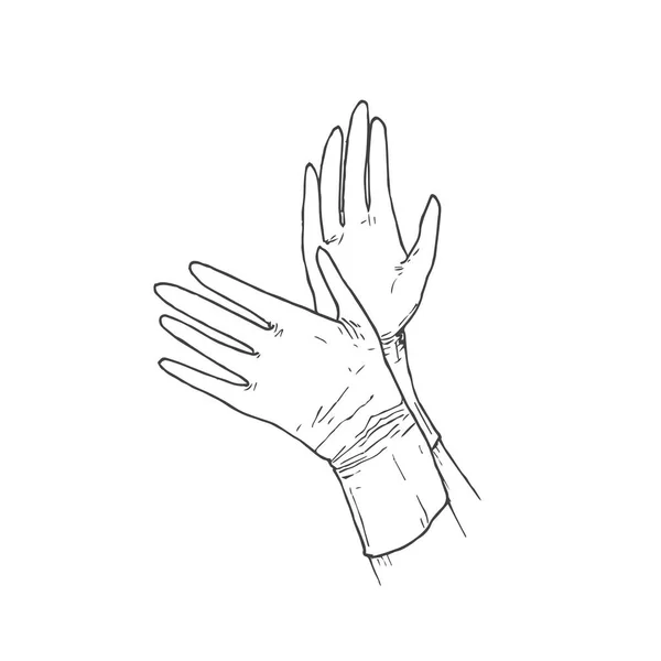 Guantes médicos dibujados a mano Vector Illustration. Virus Protection Doodle Sketch. Aislado — Vector de stock