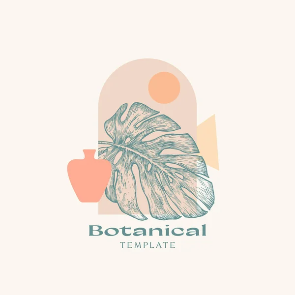 Abstract Vector Botanisch Teken, Label of Logo Template. Handgetekend Monstera Palm Leaf door Ark Window. Hedendaagse Eblem Design voor Apparel Print, Behang. geïsoleerd — Stockvector