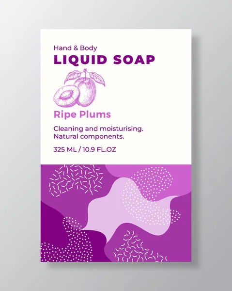 Liquid Soap Package Label Template. Abstract Shapes Camo Background Vector Cover. Cosmetics Packaging Design. Modern Typography and Hand Drawn Plums Fruit Sketch. Isolated — Stock Vector