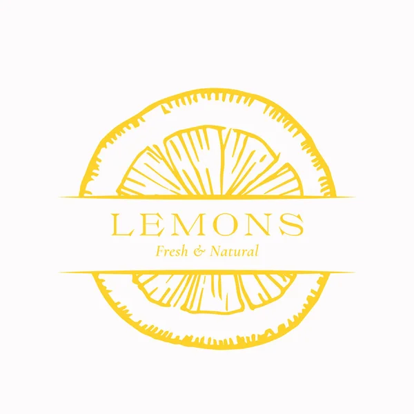 Fresco Limoni Organico Astratto Vettoriale Segno, Simbolo o Logo Modello. Disegnato a mano Citrus Sketch Sillhouette con tipografia moderna. Emblema della frutta. Isolato — Vettoriale Stock