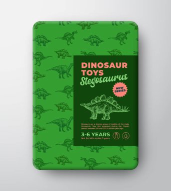Dinozor Oyuncakları Etiketleme Şablonu. Soyut Vektör Paketleme Tasarımı Düzeni. El çizimi Stegosaurus çizimi, Antik Sürüngen Craetures Arkaplanı ve Gerçekçi Gölgeler. İzole edilmiş