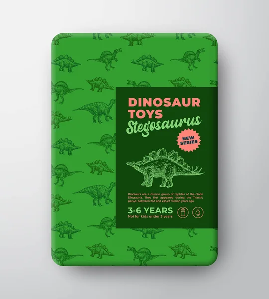 恐竜のおもちゃのラベルテンプレート。概要ベクトルパッケージデザインレイアウト。古代の爬虫類の生き物パターンの背景と現実的な影を持つ手描きのステゴサウルススケッチ。隔離。 — ストックベクタ