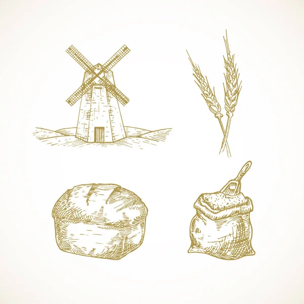 Miller disegnato a mano e Bakery Illustrazioni Set. Mulino a vento vettoriale, sacco di farina con scoop, spezie di grano e raccoglitori di schizzi di pane. Doodles Bundle. Isolato — Vettoriale Stock