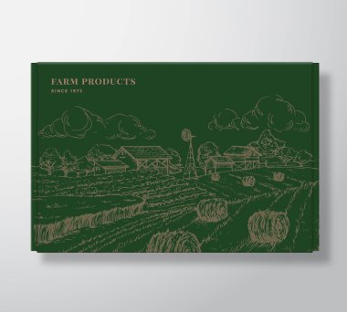 Kaliteli Kaliteli Kutu Model Yukarı. Karton bir kapta organik vektör paketleme etiketi tasarımı. Modern Typography and Hand Drawn Barns, Windmill, Field and Samanstack Sketch Arkaplan Çizimi