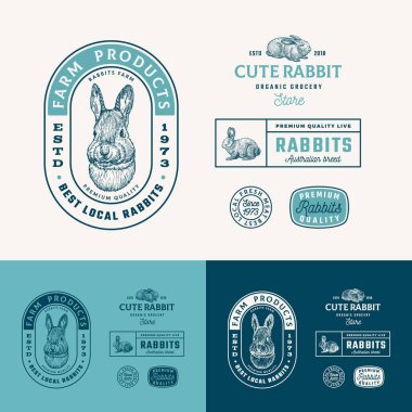 En İyi Yerel Tavşan Çiftliği Çerçeveli Rozetler veya Logo Şablonları Koleksiyonu. Retro tipografili El Çizimi Tavşan Surat ve Hayvanlar Çizimi. Klasik Eskiz Amblemleri Ayarlandı. İzole edilmiş