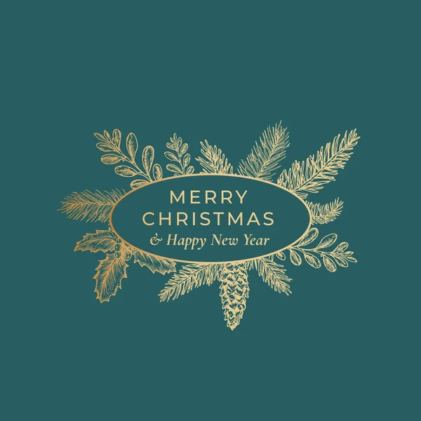 Frohe Weihnachten abstrakte botanische Karte mit ovalem Rahmen Banner und moderne Typografie. Grüner Hintergrund und goldener Gruß — Stockvektor