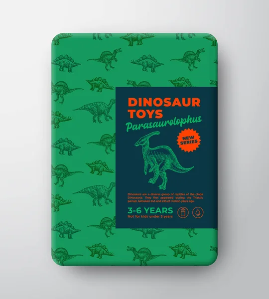 恐竜のおもちゃのラベルテンプレート。概要ベクトルパッケージデザインレイアウト。古代の爬虫類の生き物のパターンの背景と現実的な影を持つ手描きPARASaurophusスケッチ。隔離。 — ストックベクタ