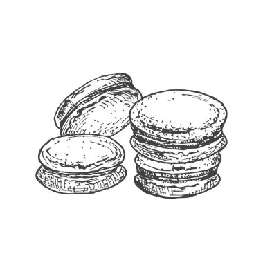 Macarons Sweets Hand Drawn Doodle Vektör İllüstrasyonu. Şekerleme Stili Çizim. İzole edilmiş