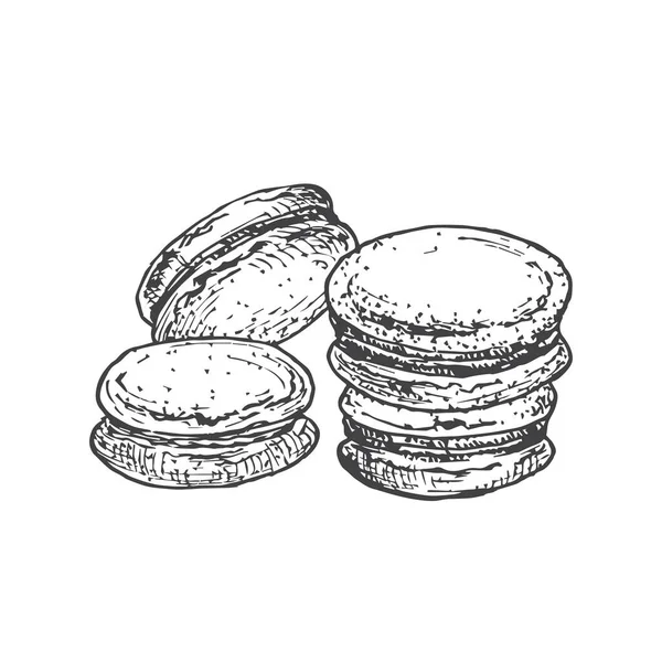 Macarons Sweets Hand Drawn Doodle Vector Illustration. Kresba stylu náčrtku cukroví. Izolované — Stockový vektor