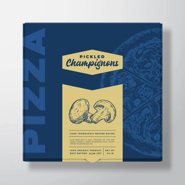 シャンパンキノコのピザ現実的な段ボール箱モックアップ。概要ベクトルパッケージデザインまたはラベル。現代のタイポグラフィ、スケッチフード、カラーペーパー背景レイアウト。隔離。 — ストックベクタ