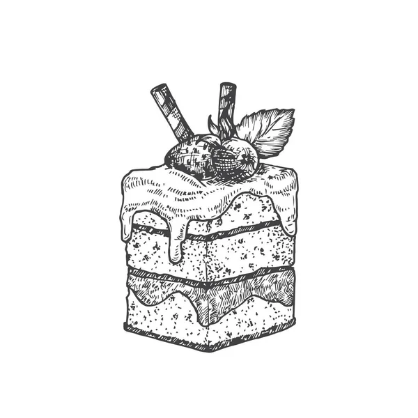 Torta quadrata con dolci di bacche disegnati a mano Doodle Vector Illustrazione. Pasticceria Disegno in stile schizzo. Isolato — Vettoriale Stock