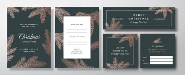 Noel Vektörü davetiyeleri, posterler ve afişler hazır. Sketch Pine Branş Şablonları Koleksiyonu ile Arka ve Ön Tasarım Düzeni