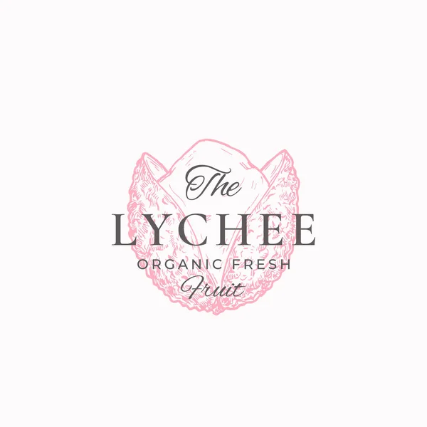 Lychee Abstract Vectorteken, Symbool of Logo Template. Met de hand getekend exotisch fruit schets met Retro Typografie. Vintage luxe embleem. geïsoleerd — Stockvector