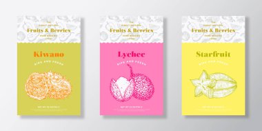 Meyve ve Böğürtlen Şablonu Ayarlandı. Vektör Tasarım Düzeni Koleksiyonu. El Çizimi Kiwano, Lychee ve Starfruit Eskizleriyle Modern Typography Banner. İzole edilmiş