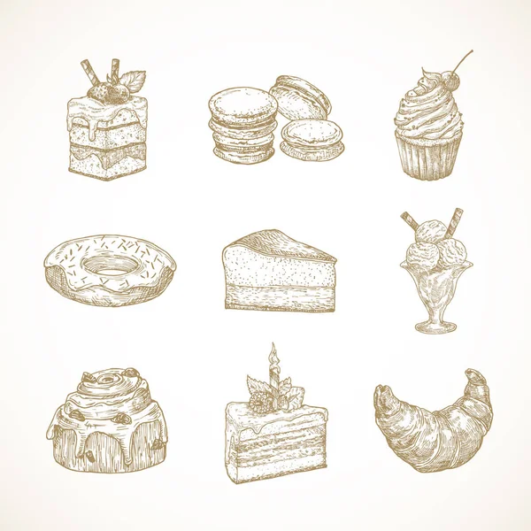 Efterrätt Sötsaker Hand Ritade Doodle Vector Illustrationer Set. Cakes, Donut, Glass, Macarons och Croissant Buns Confectionary Sketch Style Drawings Collection. Isolerad — Stock vektor
