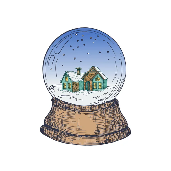 Bola de neve de Natal de cor desenhada à mão com casa de brinquedo para dentro. Resumo Esboço Vector Ilustração. Inverno férias gravura estilo desenho. Isolados — Vetor de Stock