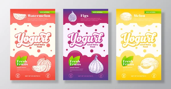 Ovoce a bobule Jogurt Label šablony Set. Abstrakt Vector Dairy Packaging Design Layouts Collection. Moderní prapor s ručně kresleným melounem, melounem a fíky na pozadí. Izolované — Stockový vektor