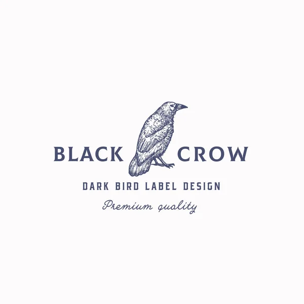 Sinal de vetor abstrato de corvo preto, símbolo ou modelo de logotipo. Corvo desenhado à mão ou Crow Bird Sketch Silhouette com tipografia retrô. Isolados —  Vetores de Stock