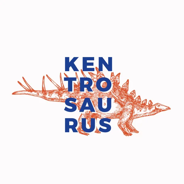 Modèle abstrait de signe, de symbole ou de logo de dinosaure préhistorique. Reptile Kentrosaurus dessiné à la main avec étiquette de typographie moderne. T-shirt vectoriel élégant Imprimer ou Emblème Concept. Isolé — Image vectorielle