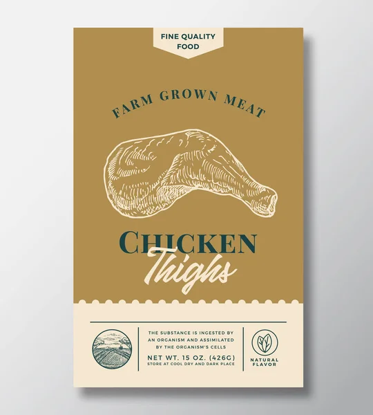 Farm Grown Meat Abstract Vector Diseño de empaquetado o etiqueta. Banner de tipografía moderna, silueta de boceto de muslos de pollo dibujado a mano. Diseño de fondo de papel de color. Aislado — Vector de stock