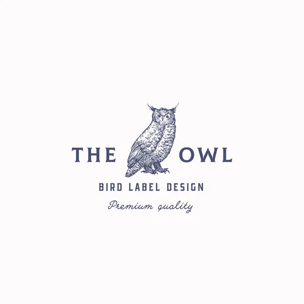 The Owl Abstract Vector Sign, Symbol or Logo Template. Hand Drawn Bird Sketch Silhouette with Retro Typography. Isolated — Stock Vector