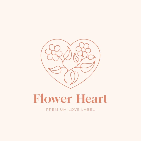 Fleur coeur abstrait Romance vectoriel signe, symbole ou modèle de logo linéaire. Feuilles avec des fleurs dans un cadre de coeur avec typographie. Isolé — Image vectorielle