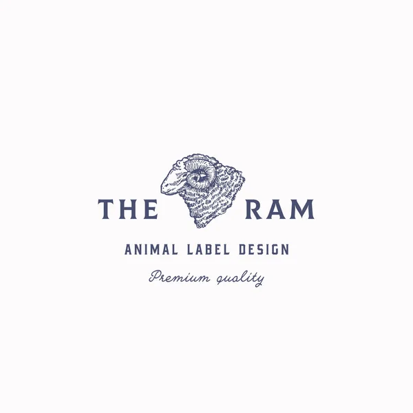 Het Ram Abstract Vectorteken, Symbool of Logo Model. Handgetekend huisdier hoofd schets Sillhouet met typografie. Vintage runderembleem. geïsoleerd — Stockvector