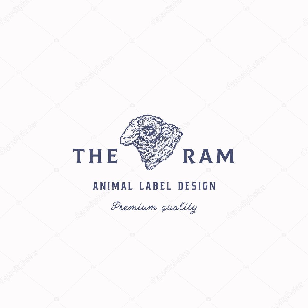 The Ram Abstract Vector Sign, Symbol or Logo Template. Hand Drawn Domestic Animal Head Sketch Sillhouette with Typography. Vintage Cattle Emblem. Isolated