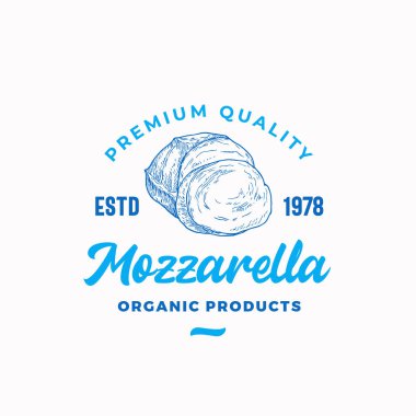Mozzarella Soyut Vektör İşareti, Sembol veya Logo Şablonu. Retro tipografili El Çizimi Peynir Parçası. Klasik Lüks Amblem. İzole edilmiş
