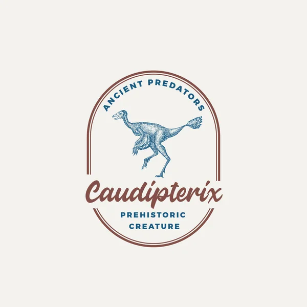 Prehistorisch schepsel Dinosaurus Abstract Sign, Symbool of Logo Template. Handgetekende Caudipterix met Retro Typografie in een frame. Vectorembleem concept. geïsoleerd — Stockvector