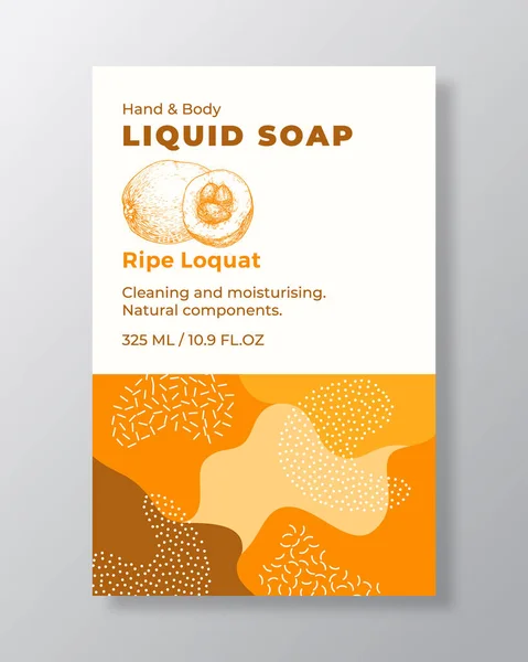 Liquid Soap Package Label Template. Abstract Shapes Camo Background Vector Cover. Cosmetics Packaging Design. Modern Typography and Hand Drawn Loquat Fruit Sketch. Isolated — Stock Vector