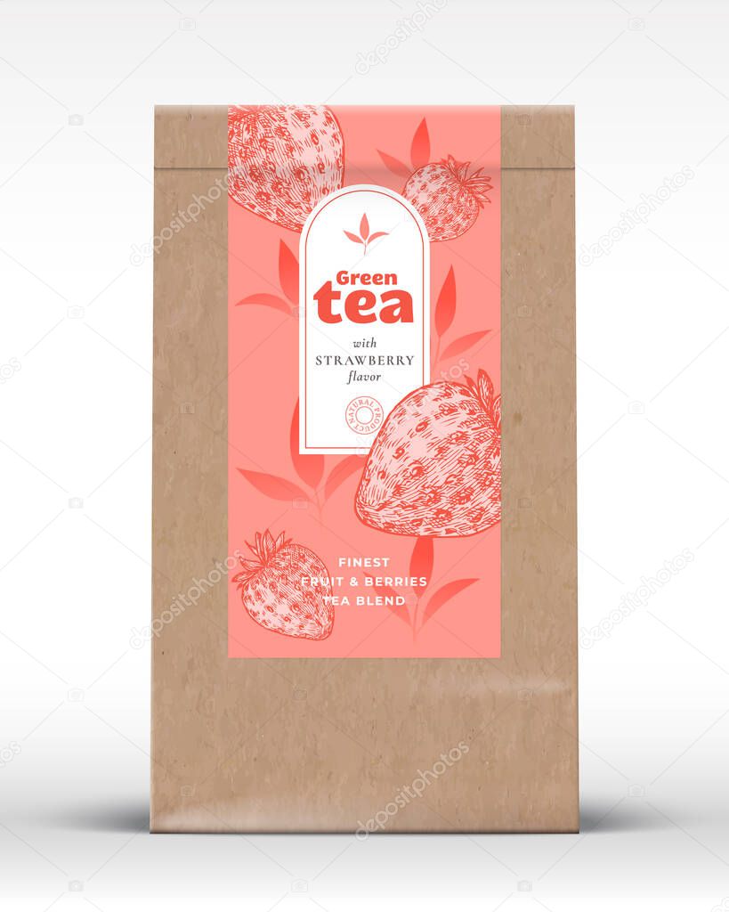Craft Paper Bag with Fruit and Berries Tea Label. Realistic Vector Pouch Packaging Design Layout. Modern Typography, Hand Drawn Strawberry and Leaves Silhouettes Background Mockup. Isolated.