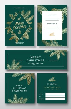 Noel Vektörü davetiyeleri, posterler ve afişler hazır. Kuş, Strobile ve Pine Branş Şablonları ile Sketch Label ile Arka ve Ön Tasarım Düzenlemeleri