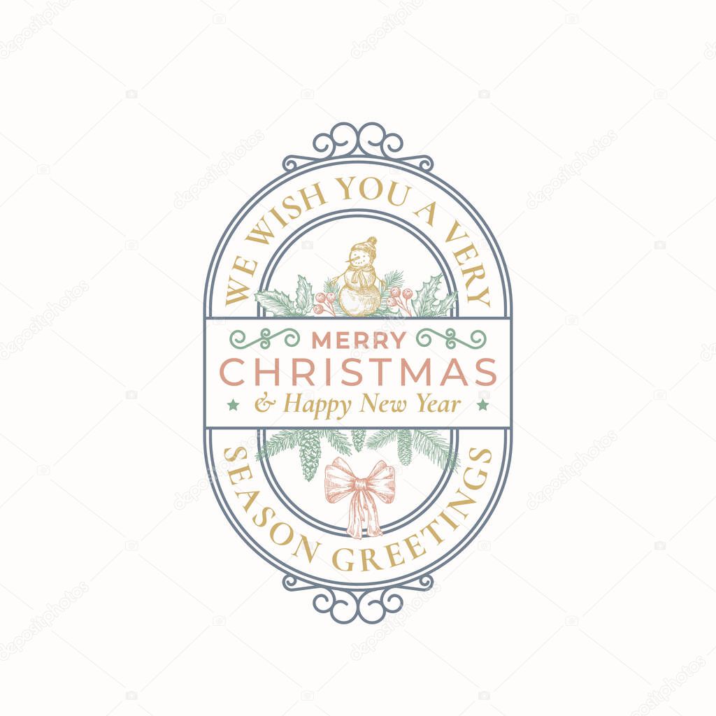 Merry Christmas Greeting Card or Label. Decorative Swirl Frame Banner with Typography and Hand Drawn Holiday Illustrations. Snowman, Holly, Fir-needle and Strobile Branches. Isolated.
