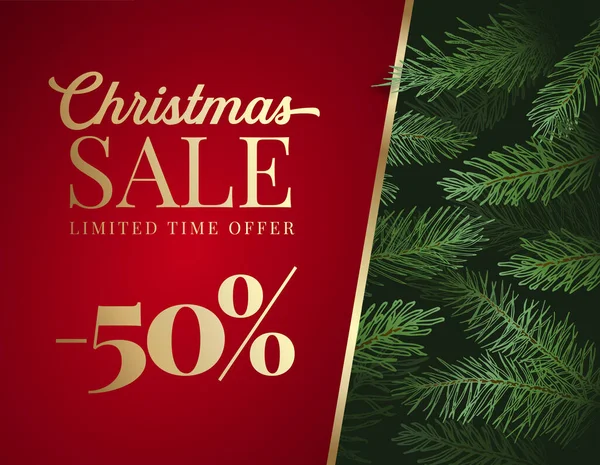 Kerstverkoop Aanbieding Reclame Vector wenskaart of affiche. Pine Branches Achtergrond met Red Copy Space Banner en Golden Typografie. Wintervakantie korting Promo decoratie sjabloon — Stockvector