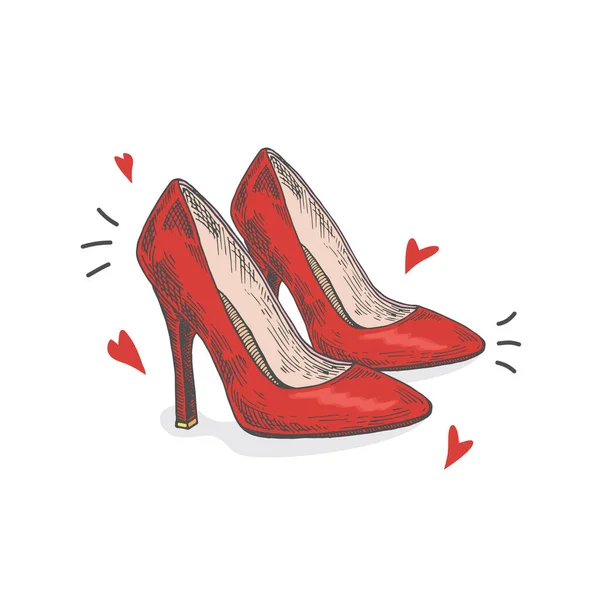 다양 한 색상의 손 이 작은 마음으로 높은 붉은 여성의 신발을 그려진 것이다. Vector Sketch Apparel Illustration 의 약자이다. 트 렌 디 티셔츠 디자인 템플릿. 고립됨 — 스톡 벡터