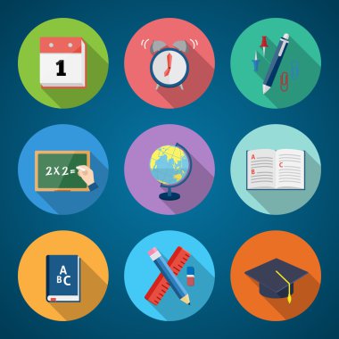 düz stiline geri okul Kırtasiye vektör simgesi ayarla