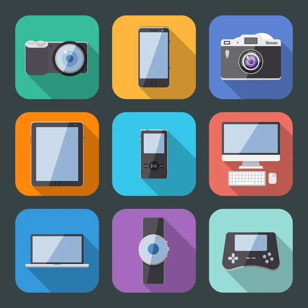 Flat Style Electronics Gadget Vector Icon Set — Stock Vector