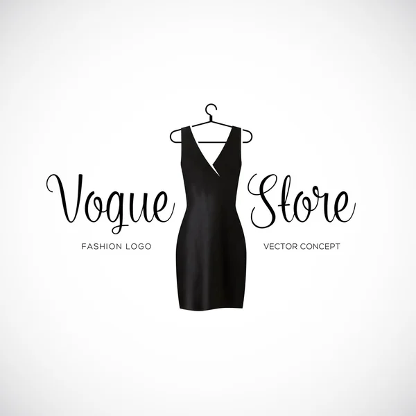 Moda Vogue loja logotipo modelo com vestido preto — Vetor de Stock