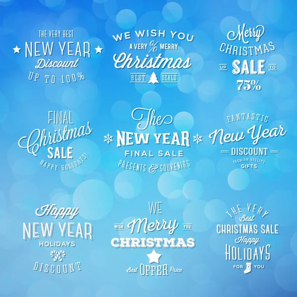 Natal e Ano Novo Tipografia Vintage Férias Descontos de vendas Etiquetas no fundo Bokeh — Vetor de Stock