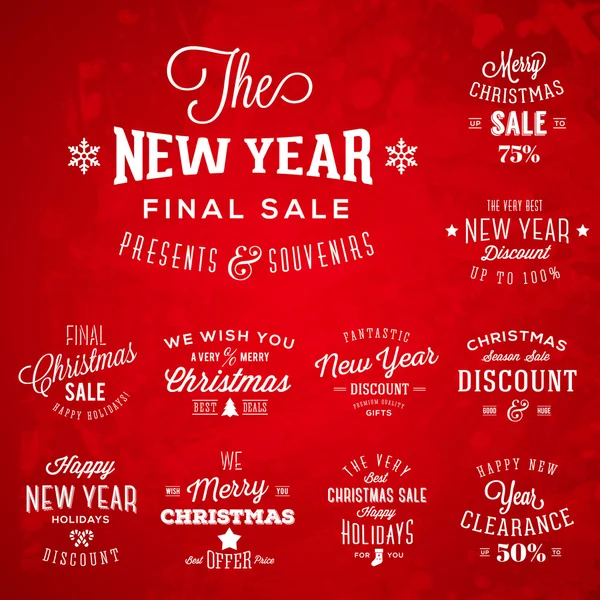 Navidad y Año Nuevo Vintage tipografía etiquetas vacaciones ventas y descuentos en fondo rojo — Vector de stock