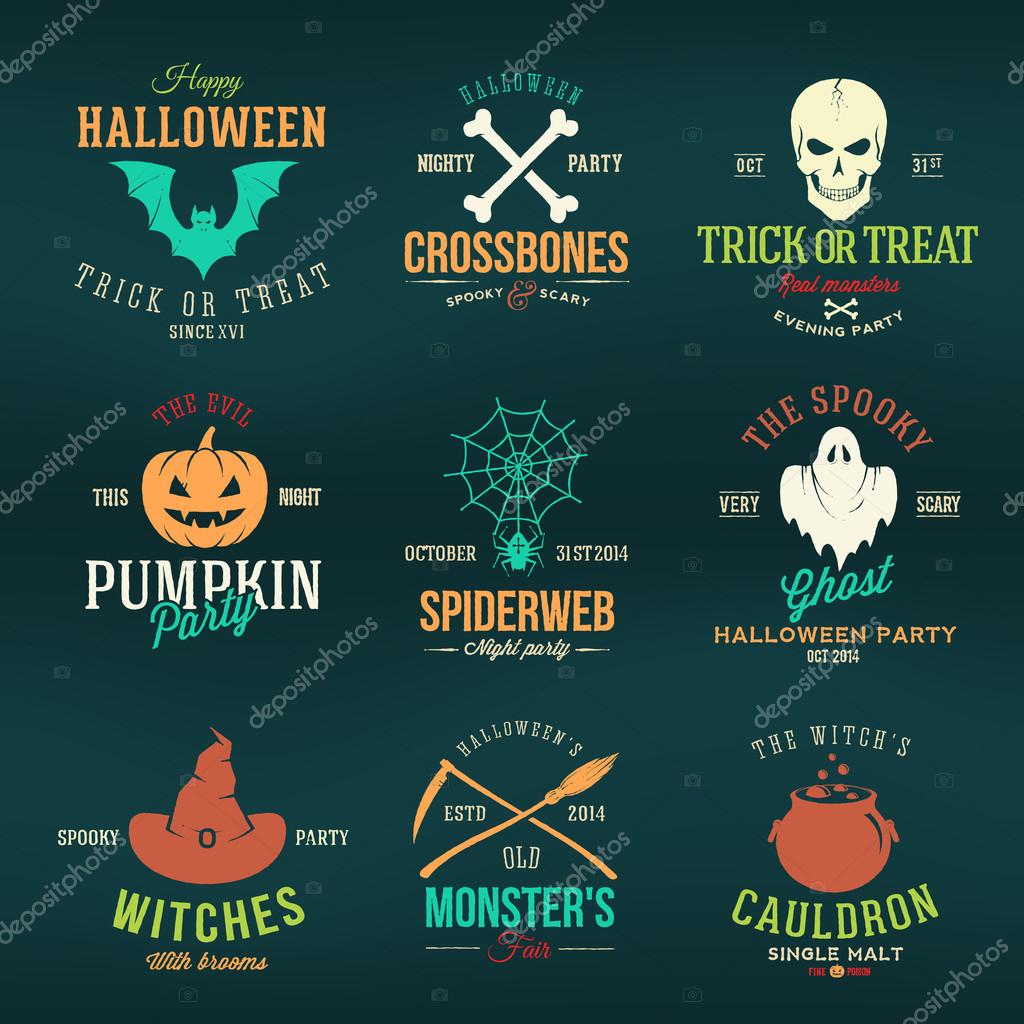 Vintage Typography Halloween Vector Color Badges or Logos Pumpkin Ghost Scull Bones Bat Spider Web and Witch Hat on Black Background