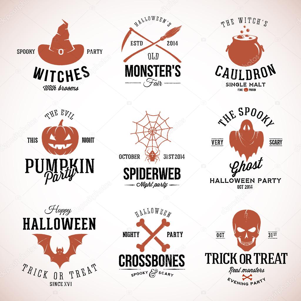 Vintage Typography Halloween Vector Badges Logos or Labels Pumpkin Ghost Scull Bones Bat Spider Web and Witch Hat