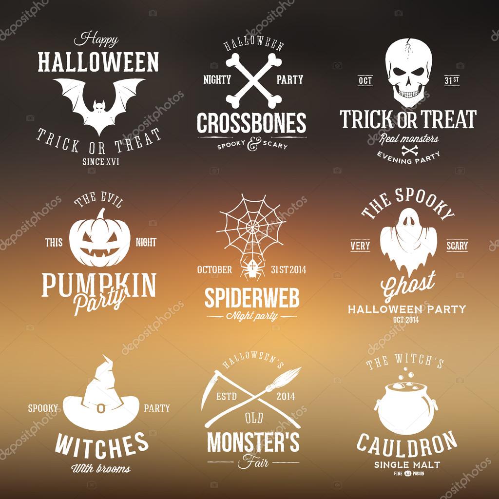 Vintage Typography Halloween Vector Badges or Logos Pumpkin Ghost Scull Bones Bat Spider Web and Witch Hat With Abstract Blured Background